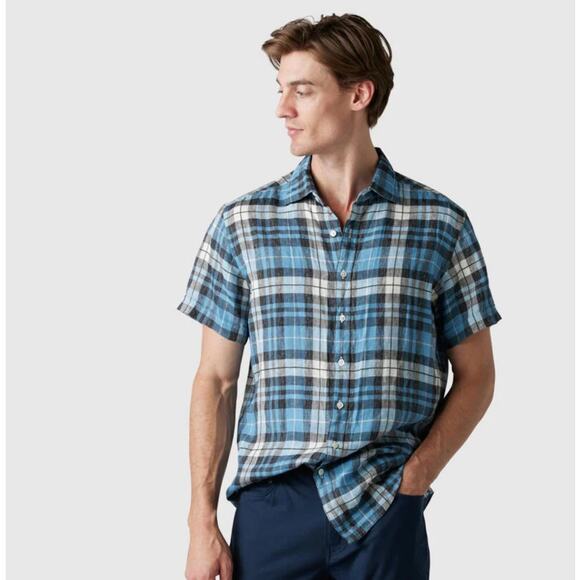 RODD & GUNN Hervey Gorge Linen Short Sleeve Sports Fit Shirt Blue Plaid {BB33}